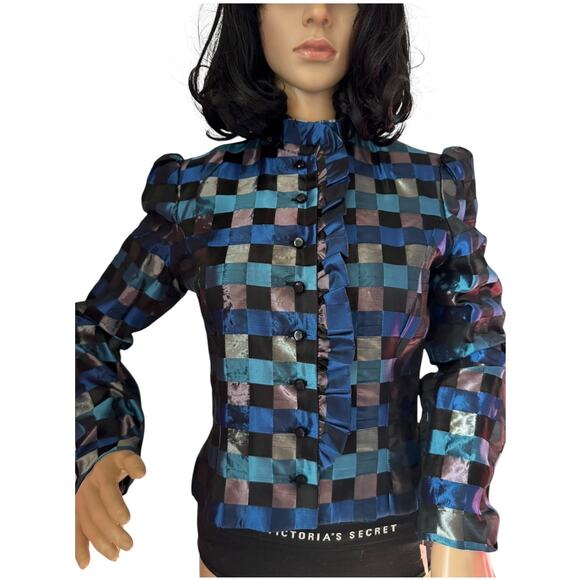 NWT Vintage Partique Inc Dorothy Farinae Blue Check Taffeta Jacket size small - Picture 9 of 14